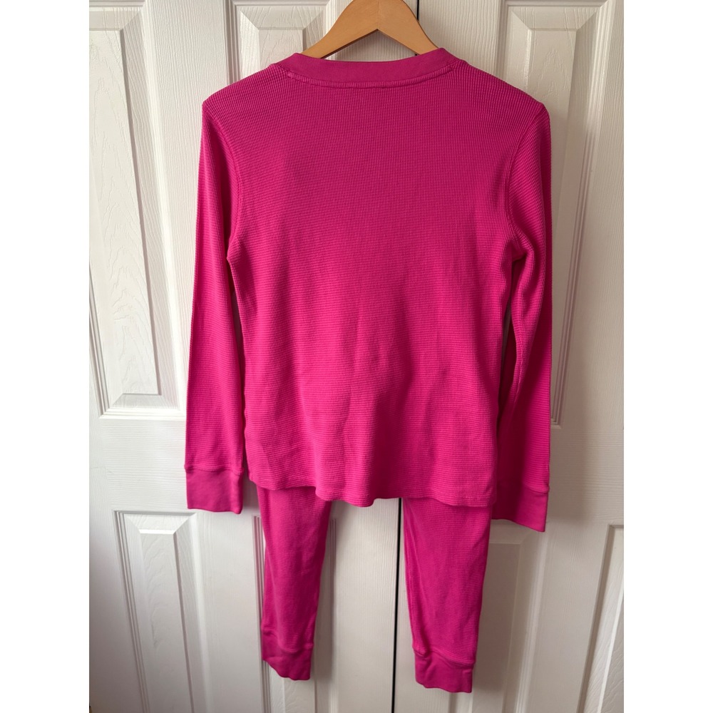 J. CREW Bright Pink Stretch Cotton Waffle Knit Thermal Henley Pajama Set L - Picture 3 of 11